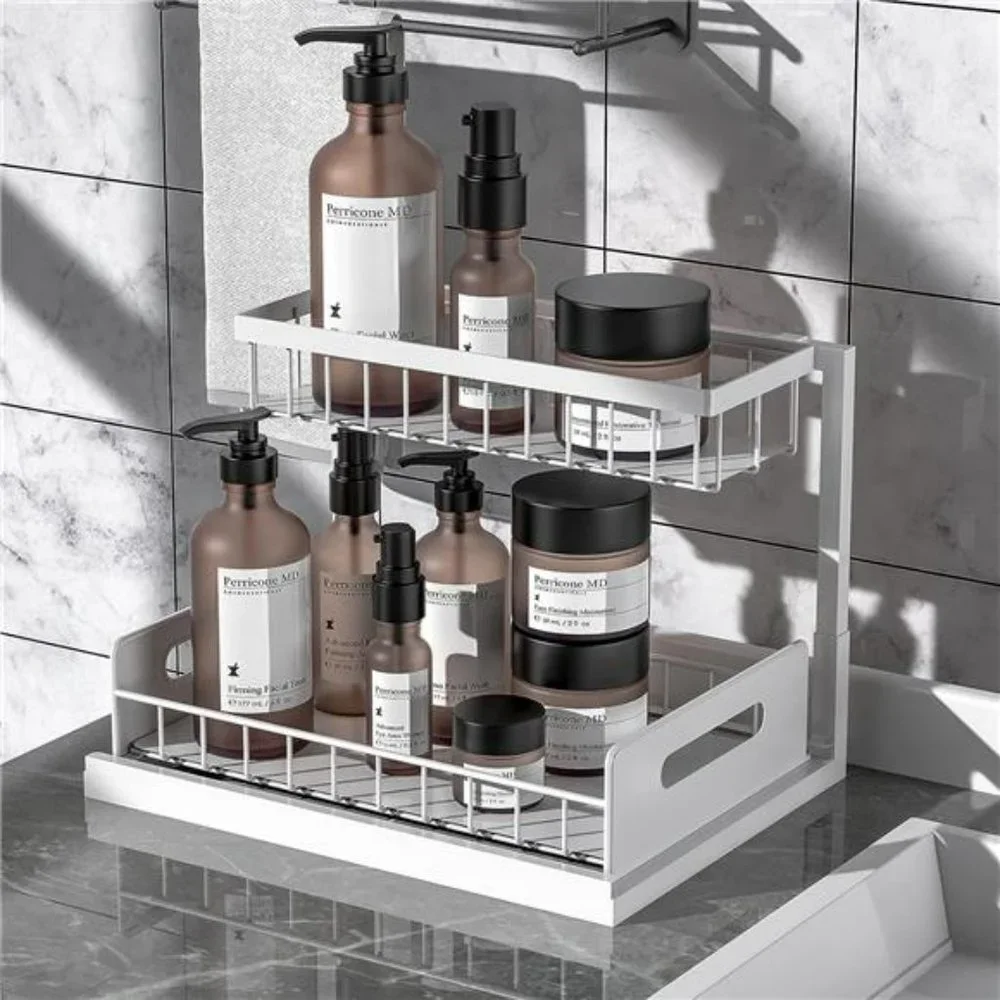 Under Sink Organizers and Storage 2-Tier Metal Slide Out Pull Out Drawer (White)